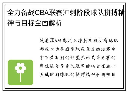 全力备战CBA联赛冲刺阶段球队拼搏精神与目标全面解析