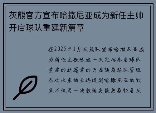 灰熊官方宣布哈撒尼亚成为新任主帅开启球队重建新篇章