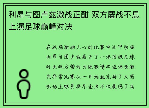 利昂与图卢兹激战正酣 双方鏖战不息上演足球巅峰对决
